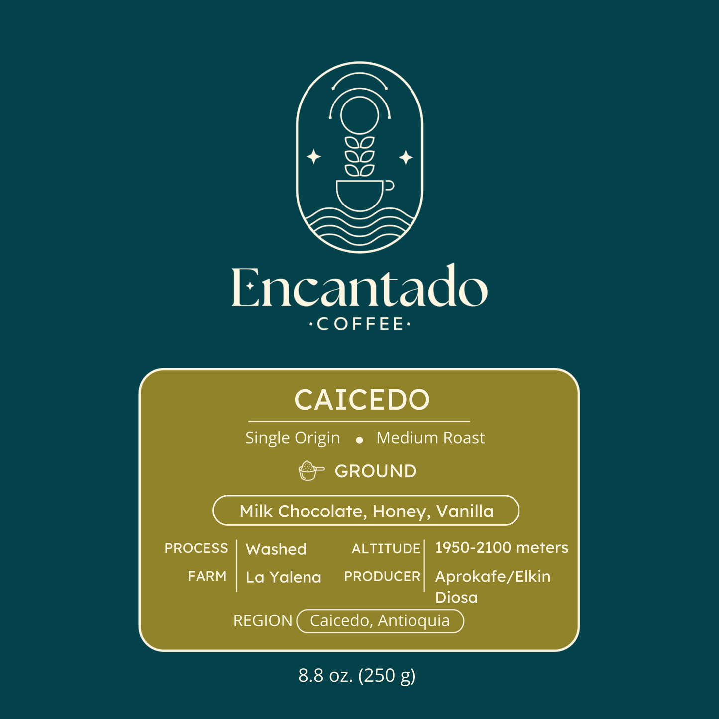 Caicedo Coffee's green and blue label for ground coffee.