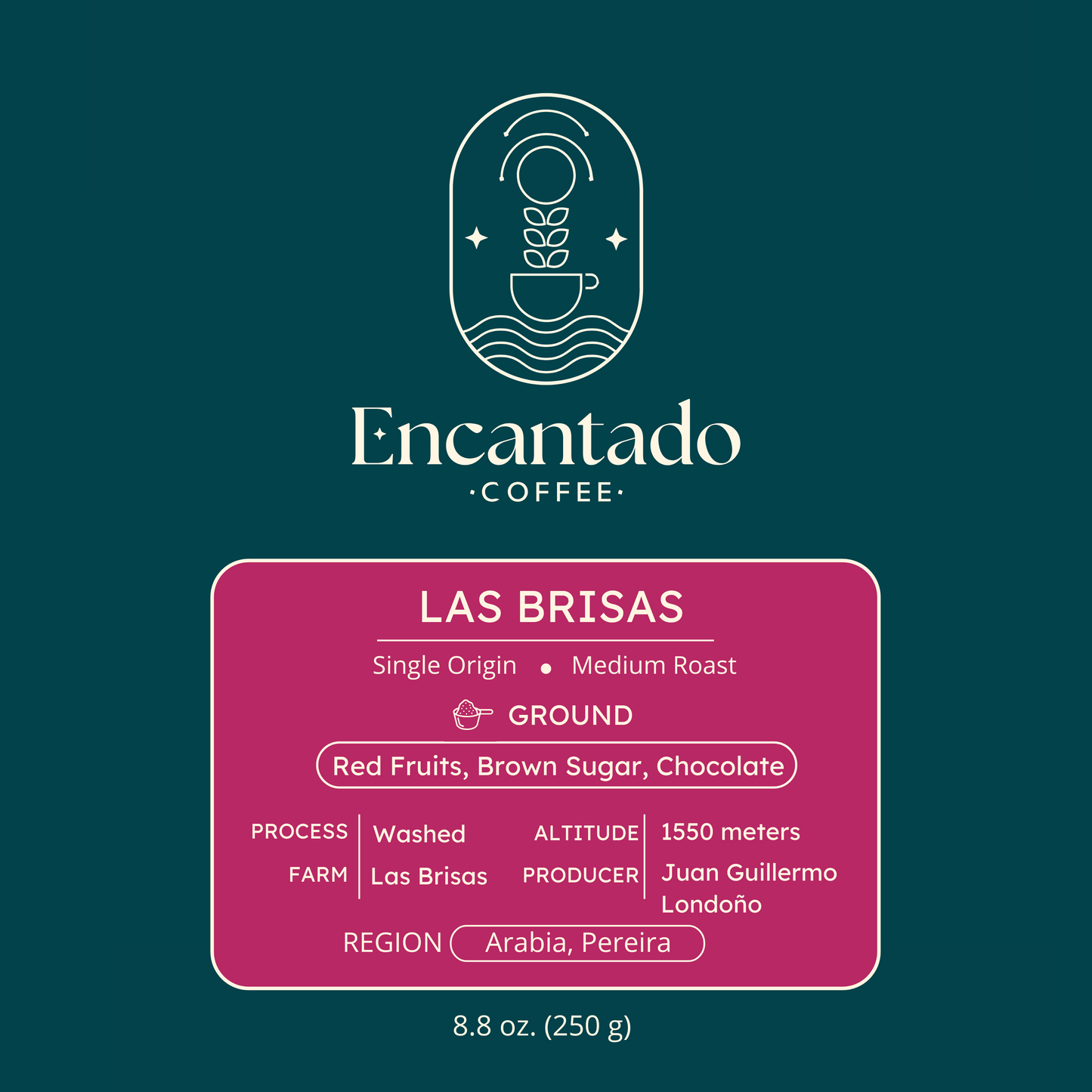 Las Brisas Coffee fuchsia and blue label for ground coffee.