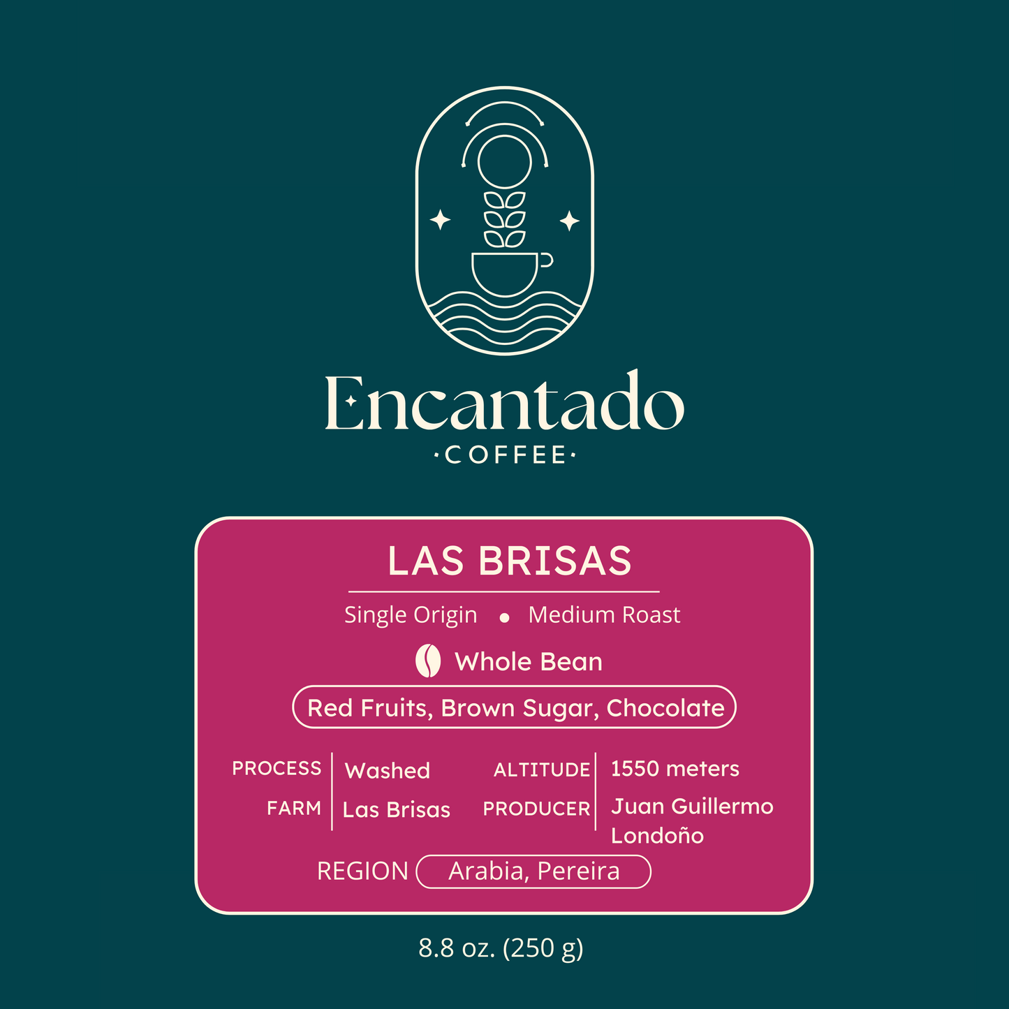 Las Brisas Coffee fuchsia and blue label for whole bean coffee.