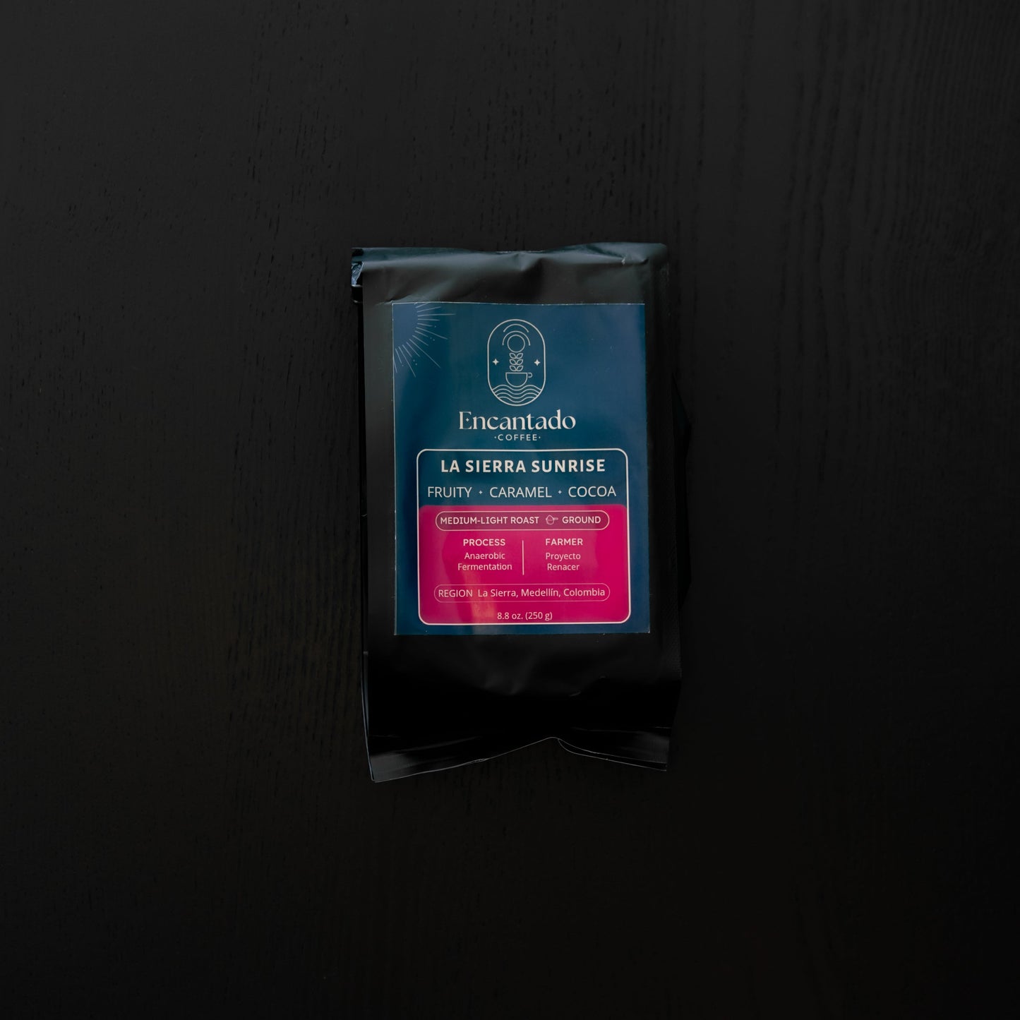 Coffee package with visible brand on a dark background
