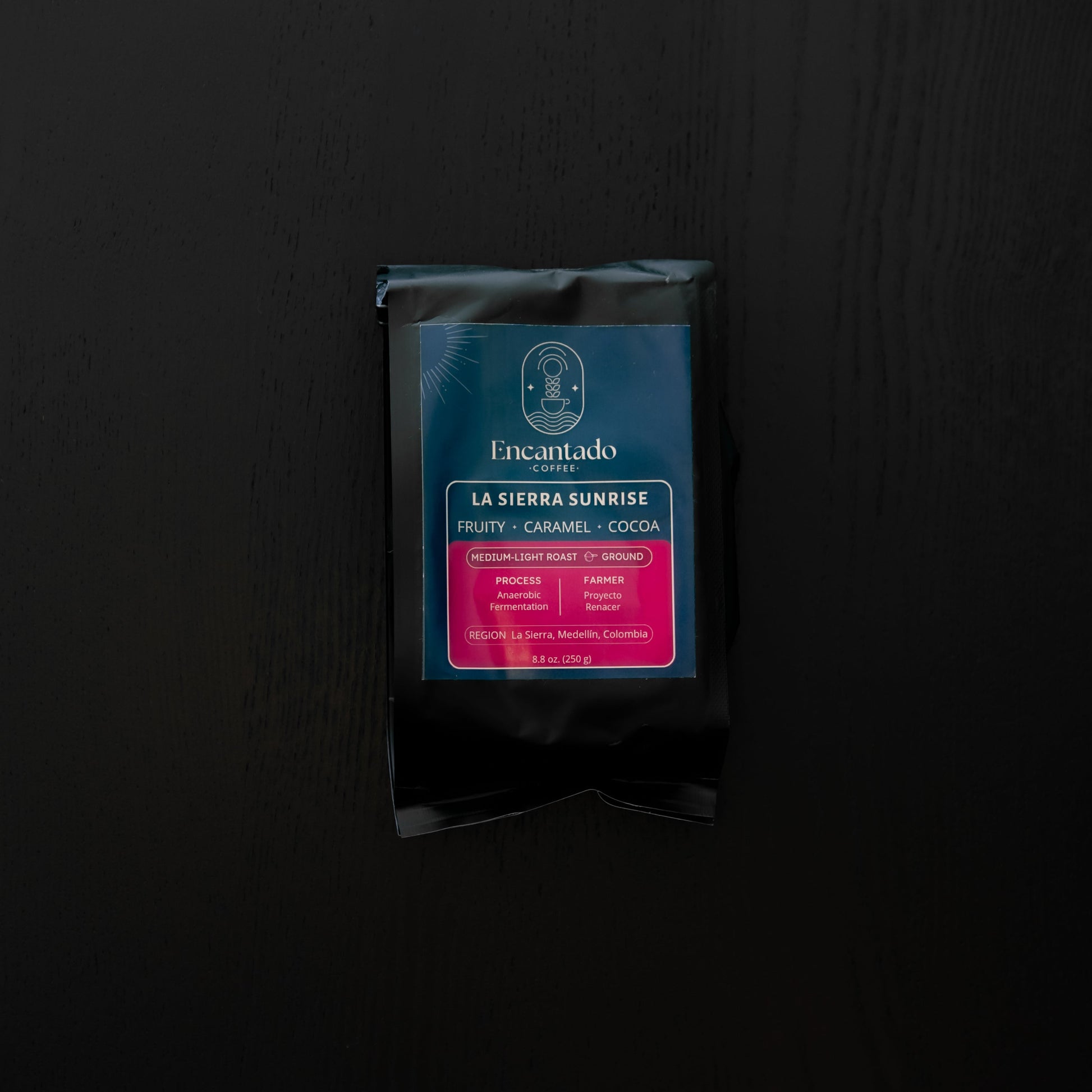 Coffee package with visible brand on a dark background