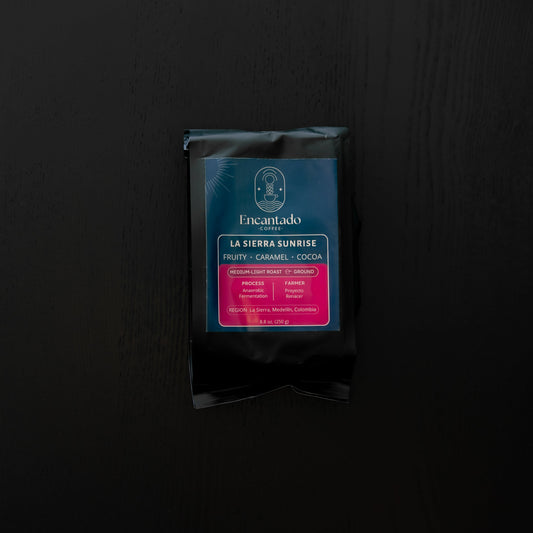 Coffee package with visible brand on a dark background
