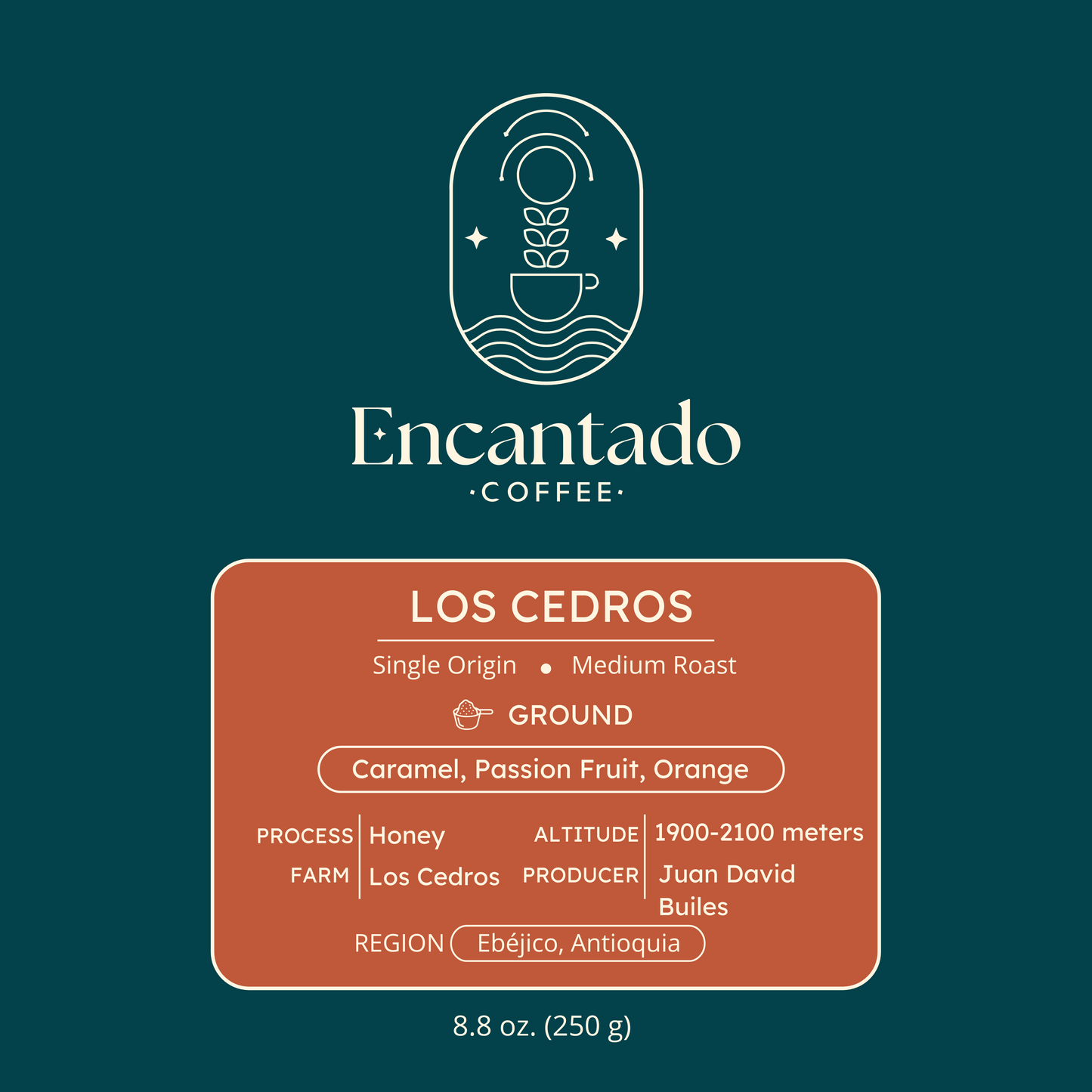 Los Cedros orange and blue label for ground coffee.