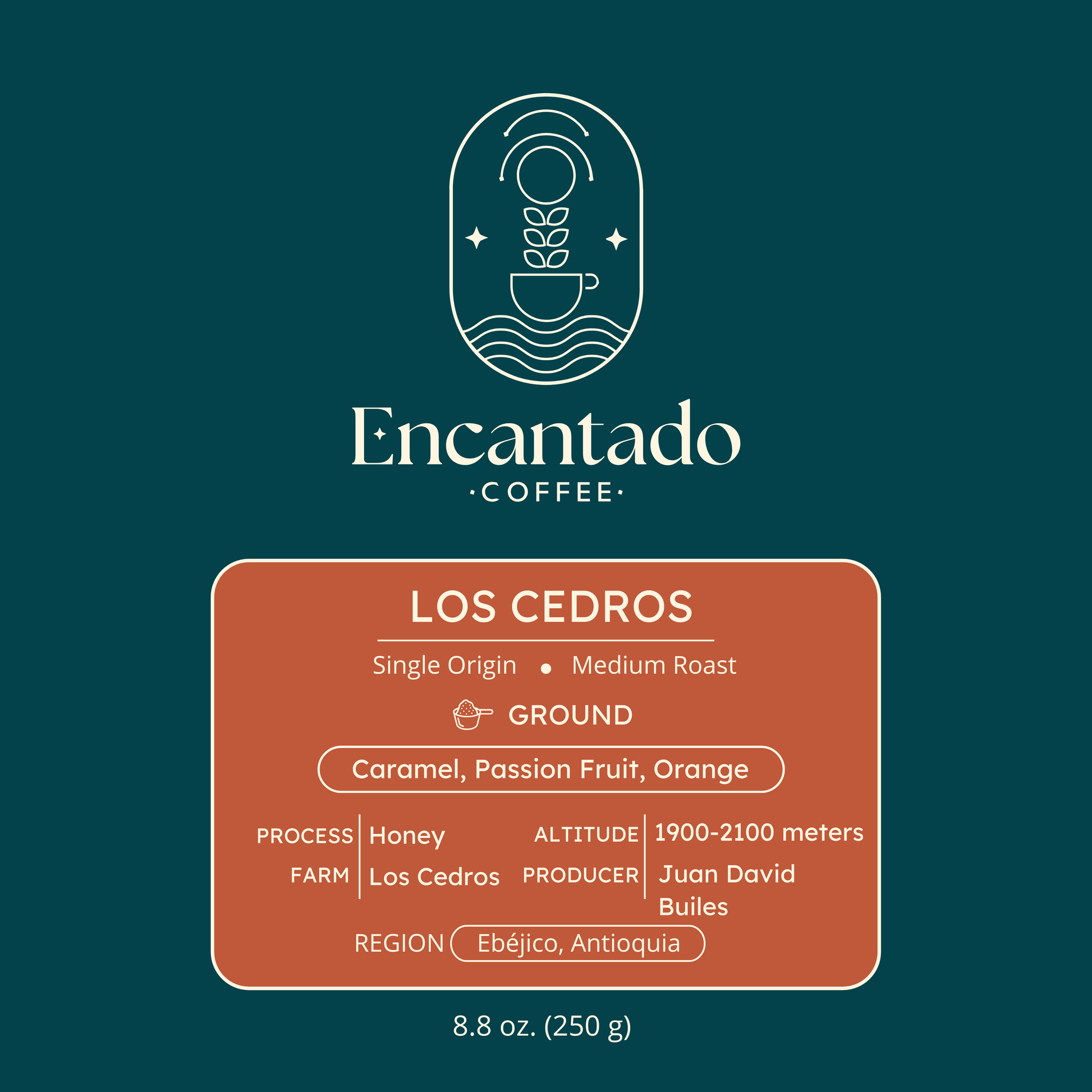 Los Cedros orange and blue label for ground coffee.