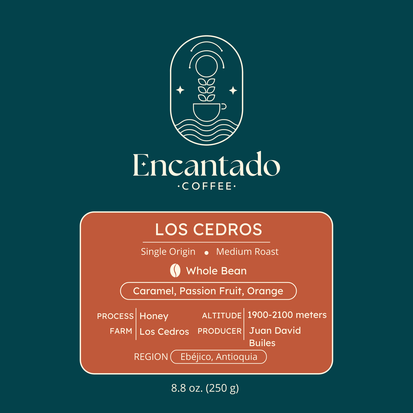 Los Cedros orange and blue label for whole bean coffee.
